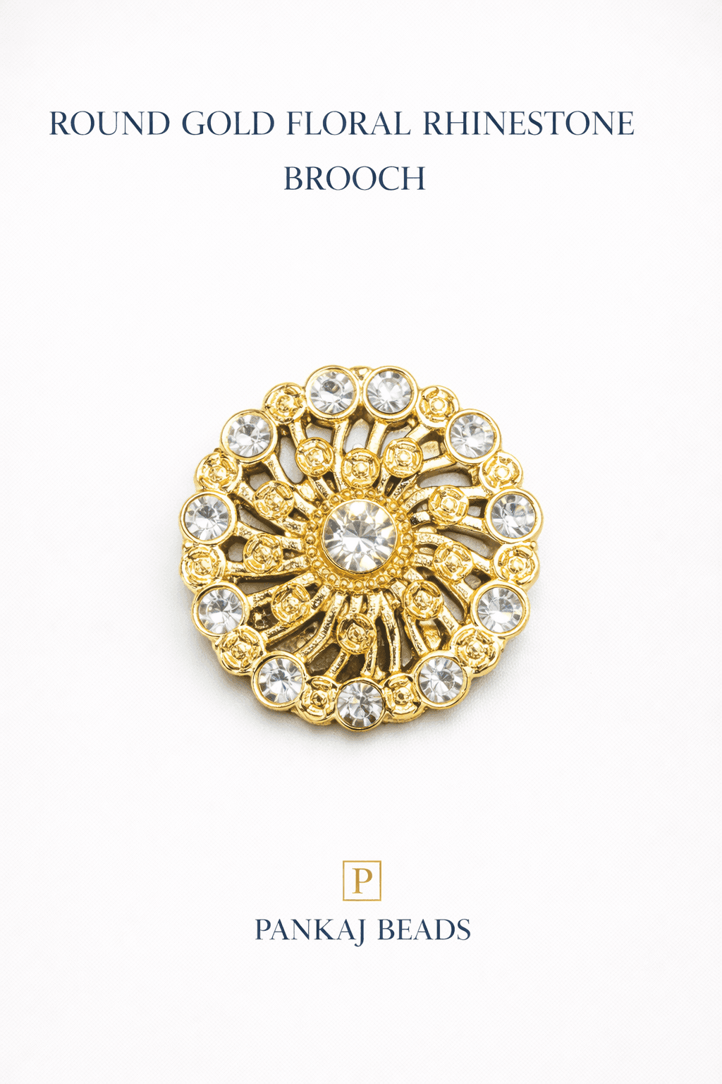 Round Gold Floral Rhinestone Brooch
